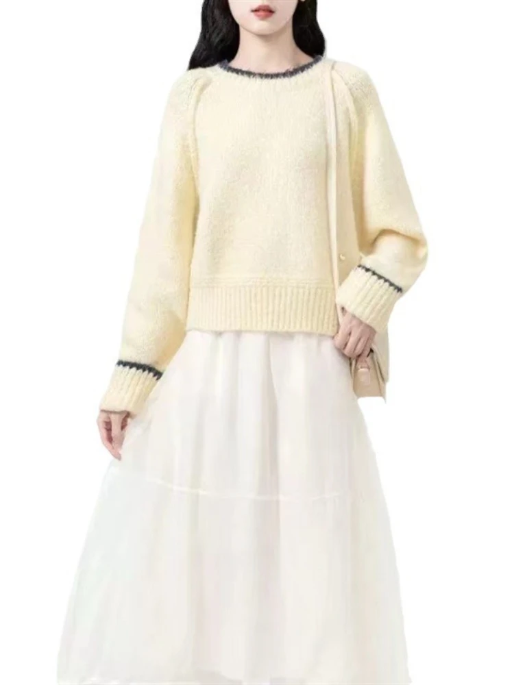 Nouveau printemps automne tricot femmes pulls mode col rond femme pull élégant à manches longues hauts ample Vintage femme Blouse