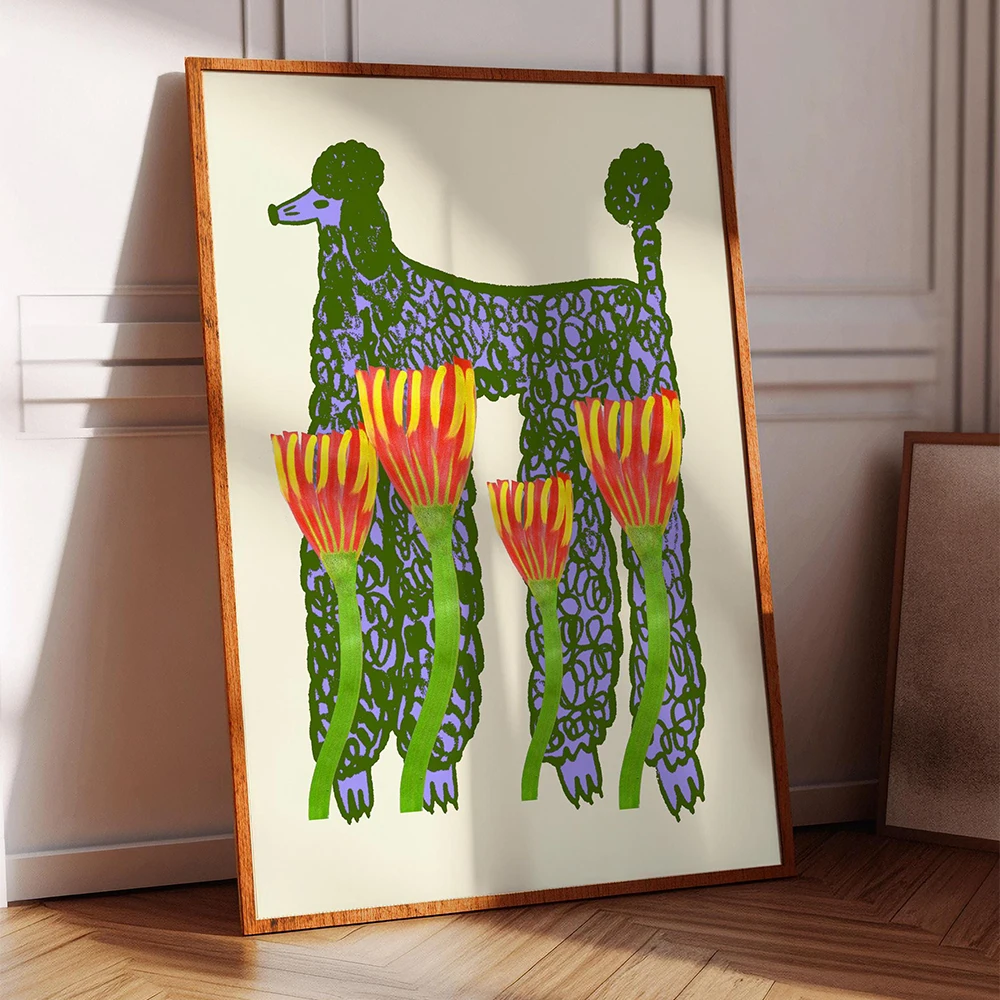 Poodle and Plants Art Print Calm Tiger Striped Cat Poster Home Decor Dog Abstract Illustration Living Room House Warming Gift