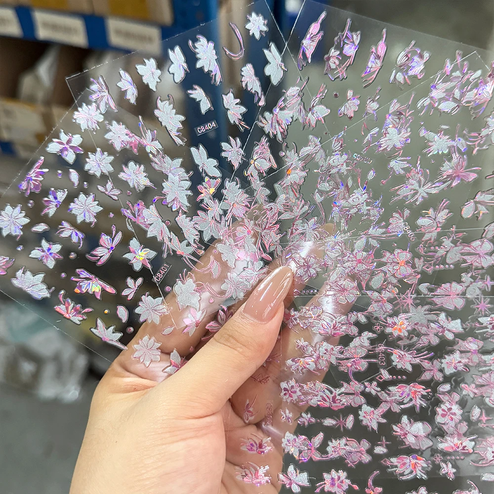 6 個ピンクパープルレーザーフラワー蝶ネイルデカール 3D 魅力的なちょう結びハイビスカスネイルアートステッカーブロンズ花マニキュアスライダー