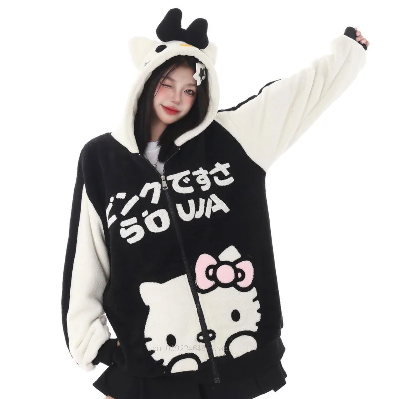 Sanrio Hello Kitty Plush Hoodies Women Fashion Zippers Cardigan American Trend Couples Sweatshirt Y2k Sweet Cute Girls Clothing