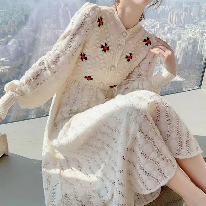 Korean Embroidery Long Dress Women Autumn Winter Long Sleeve Button Knitted Dresses Woman 2024 Temperament Sweater Dress F252