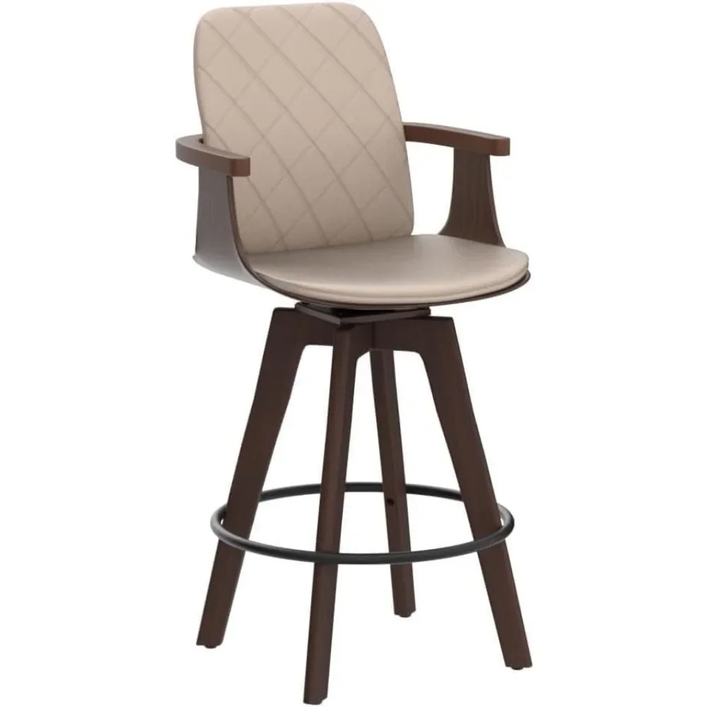 Upholstered Faux Leather Counter Height Bar Stools, Swivel Barstools with Wooden Arms and Legs, Seat Height