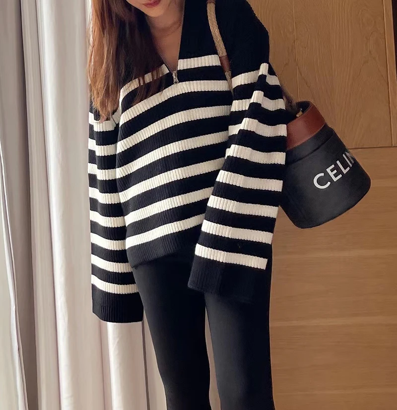 

Женский свободный вязаный шерстяной свитер Blue Jasmine с V-образным вырезом на молнии, повседневный, в полоску, с длинными рукавами, стандартный крой, осень-зима