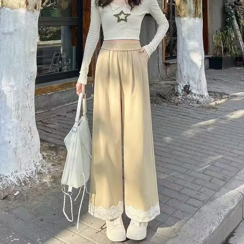 

Пляжные кружевные женские брюки цвета хаки Kawaii, широкие тенденции 2025, классическая новая одежда, все средние наряды, винтажные женские брюки G