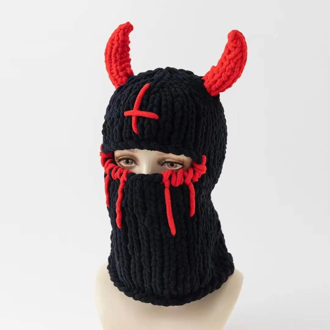 Y2K Long Rabbit Ear Funny Balaclava Hat Winter Thicken Warm Hand Made knitted Beanie Halloween Party Ski Mask Skullies Cap