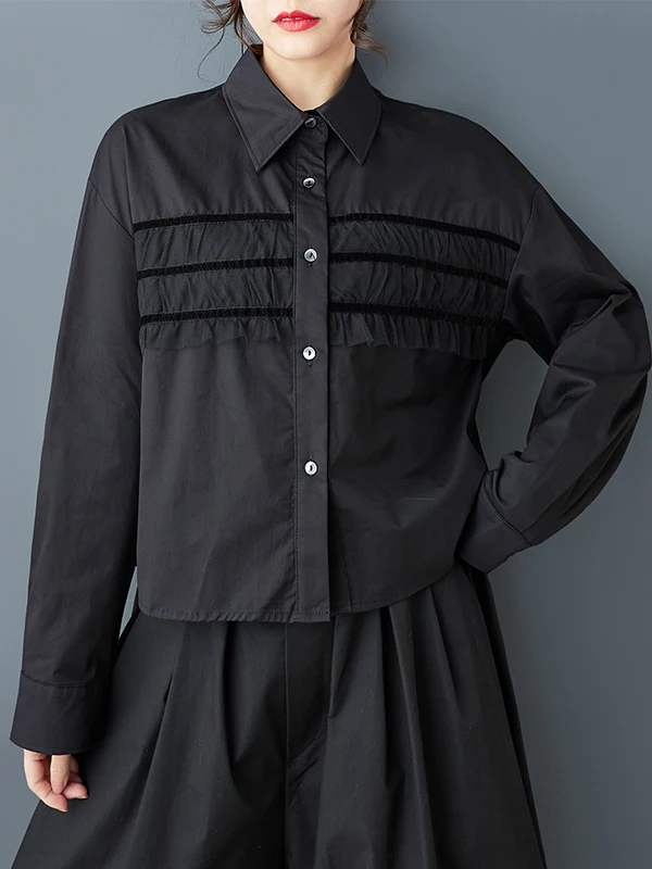 

Authentic Design Tee-Line Pleated Faion irt k Bla Japanese Sle Collar Top Women's Premium Clothing