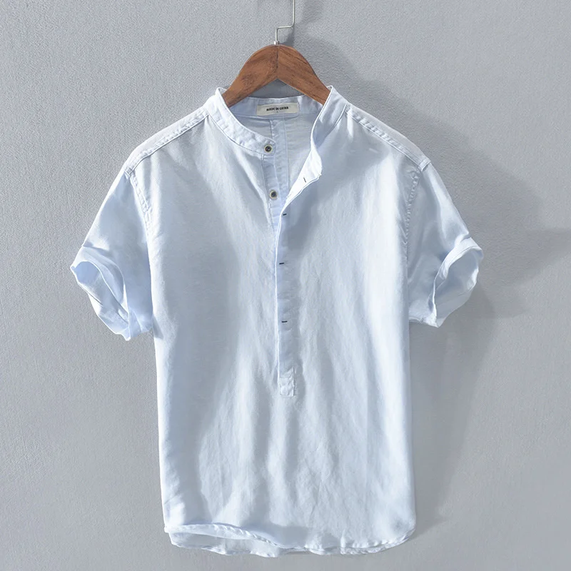 

Chinese Style Stand Collar Cotton Linen Shirt Men's Short Sleeve Summer Pullover Shirt Loose Breathable Tops