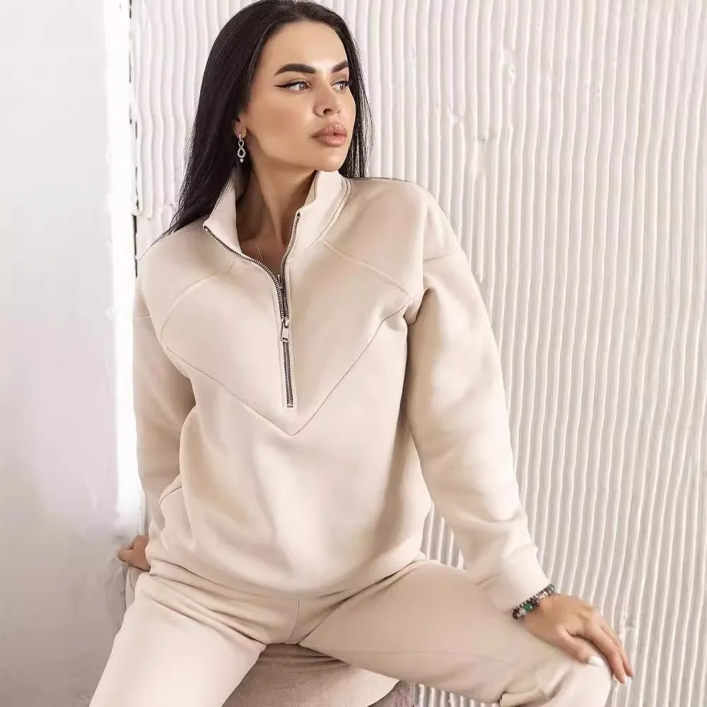 

Fashion Casual Hooded Sweater Two-piece Set Long Sleeve Solid Color Fleece Shrinking Foot Casual Set