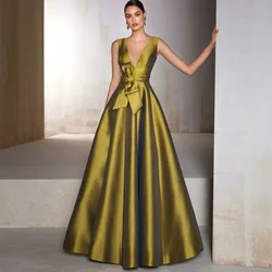 Green Satin Prom Dresses for Women 2023 A Line Elegant Evening Party Gowns Long V Neck Belt Bow Simple Wedding Guest Dress