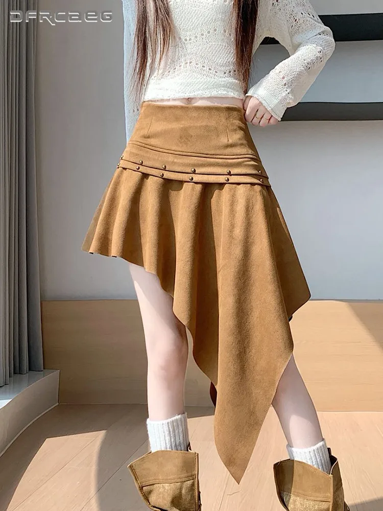 Fall Winter Irregular Faux Suede Knee Length Skirt Women High Waisted Streetwear Asymmetric Vintage Y2K Midi Skirts Lady