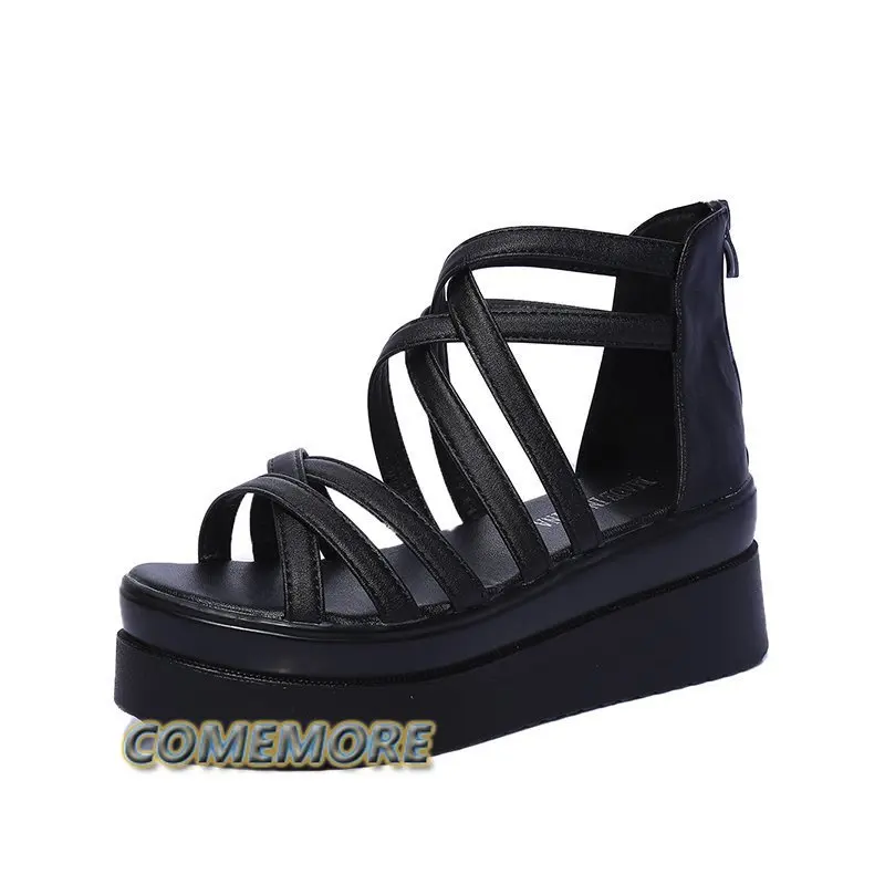 Platform Wedge Sandals Elegant Summer Womens Thick-soled Open Toe Fashion Comfortable Roman Style Beach Black White Casual Shoes