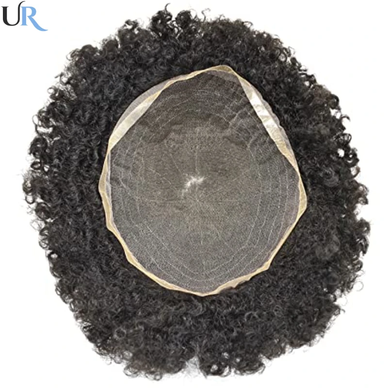 Curly Full Lace Toupee Para Homens, Unidade de Sistemas, Peruca Base Francesa, Cabelo Masculino Respirável, Prótese Capilar, 4mm, Afro