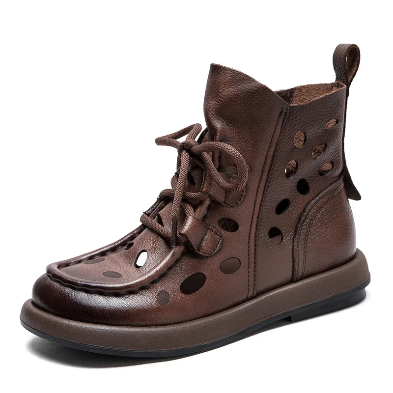 

Высокое качество, новый дизайн, женская летняя дышащая обувь 3 см, крутые ботинки с вырезами, ботильоны из натуральной кожи на плоской подошве в литературном стиле