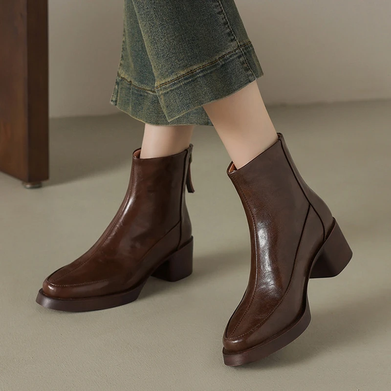 

Women's new leather handmade cowhide round head zipper high heel plus size and calf short boots short tube fashion boots