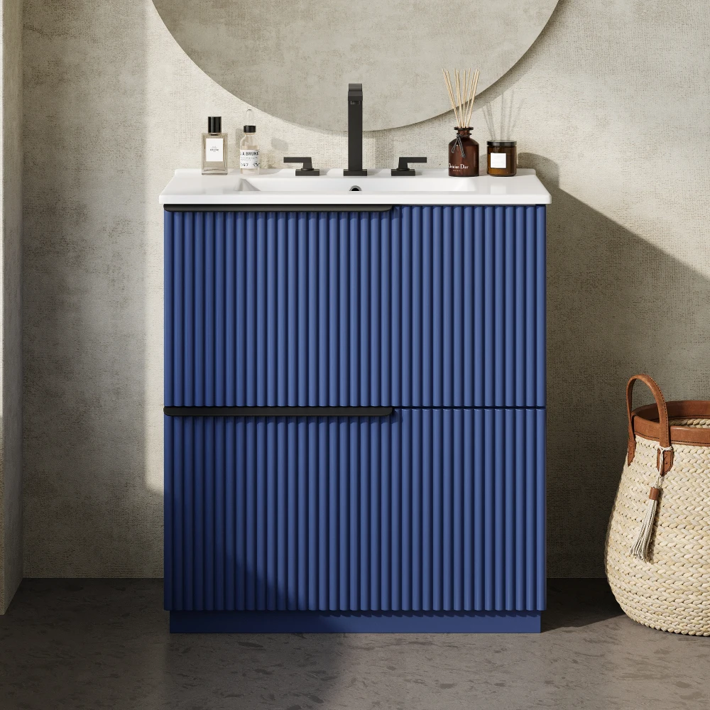 

30" Freestanding Bathroom Vanity - Ceramic Sink, Full-Extension Drawers with Soft-Close Slides, Fluted Design in Blue