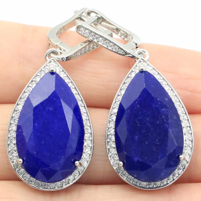 13g Customized 925 SOLID STERLING SILVER Earrings Water Drop Gemstone Real Blue Sapphire Real Red Ruby CZ Women Engagement