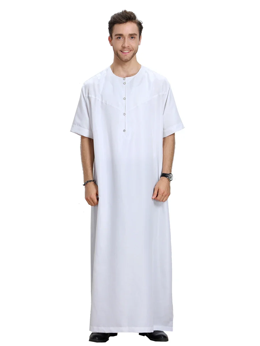 Solid Muslim Jubba Thobe Men\'s Ramadan Long Robe Kaftan O-Neck Short Sleeve Dress Saudi Eid Abaya Dubai Arab Caftan Middle East