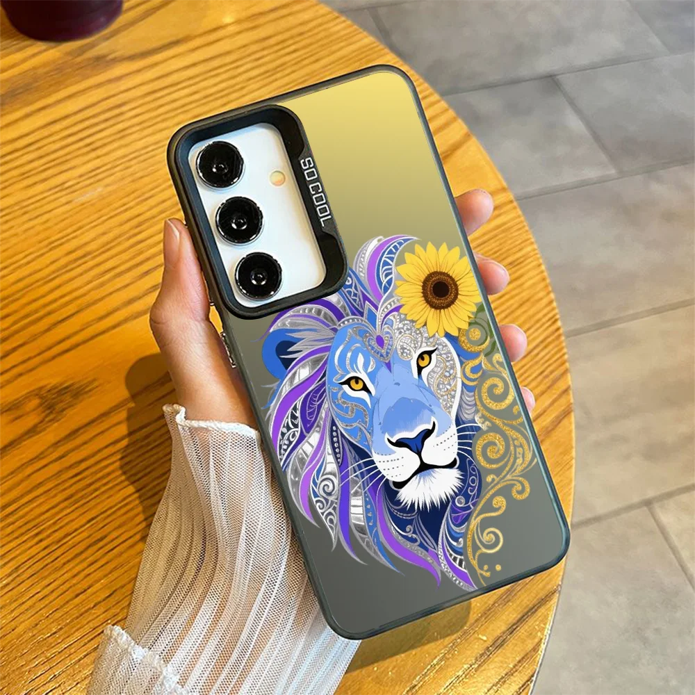 Ornate Lion Head with Sunflower Phone Case for Samsung Galaxy S24 S23 A14 A13 A12, Protective Cover, Shockproof Back Cover