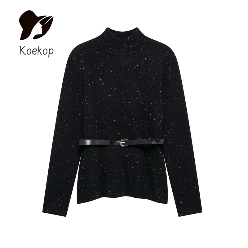 

Koekop Women's Fashion Solid Color Belt Decoration Pullover Top Vintage Full Sleeve Womens Chic Lady Slim Short Jacket