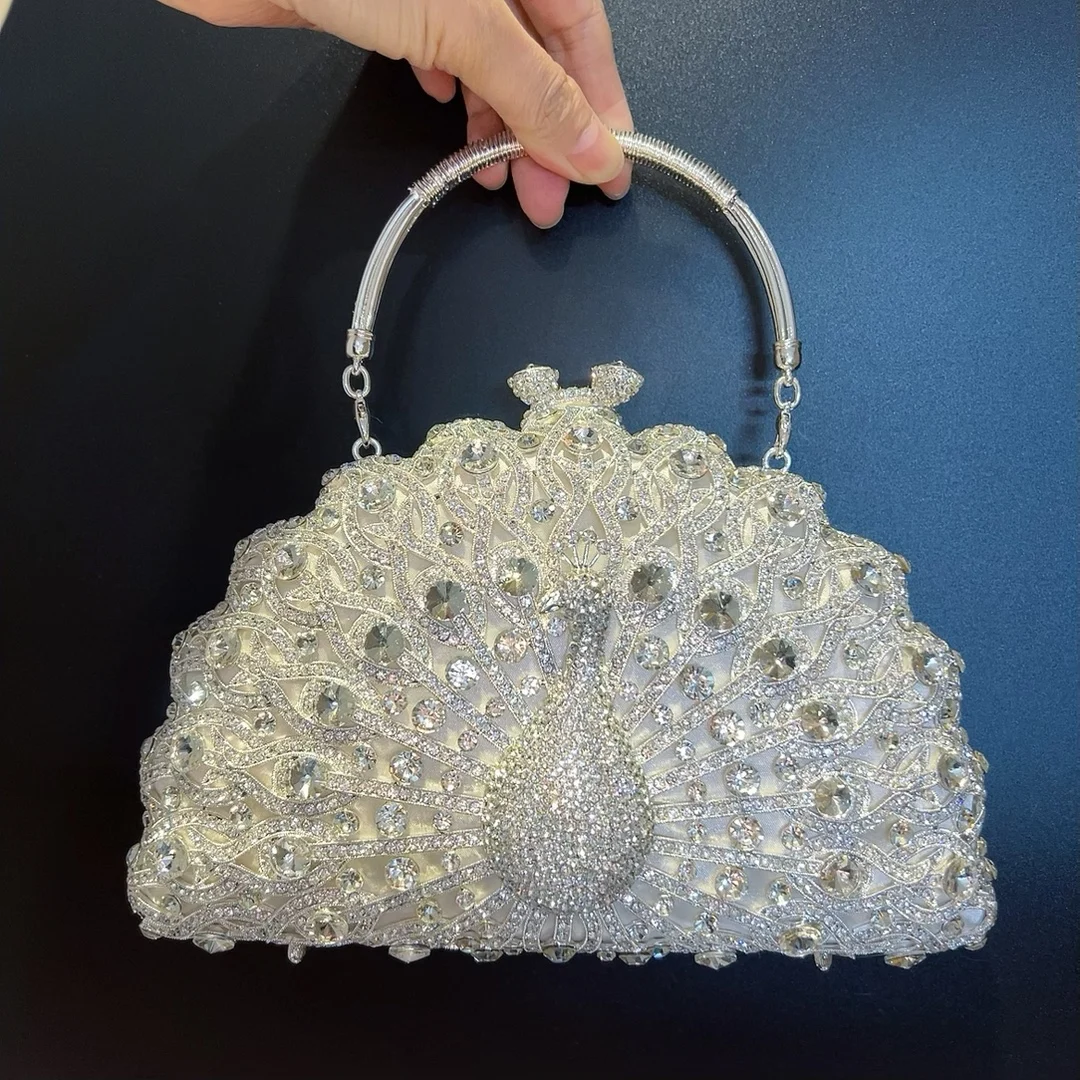 Lindo Jóias Pavão Cristal Evening Bags Mulheres Espumante Elegante Meia Redonda Diamante Bolsas E Bolsas Festa de Casamento