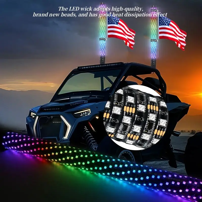 2PCS 2FT Fat Flagpole Lights 12V Flagpole Antenna Whips LED Whip Lights UTV, ATV, Off Road, Truck for Support Smartphone APP