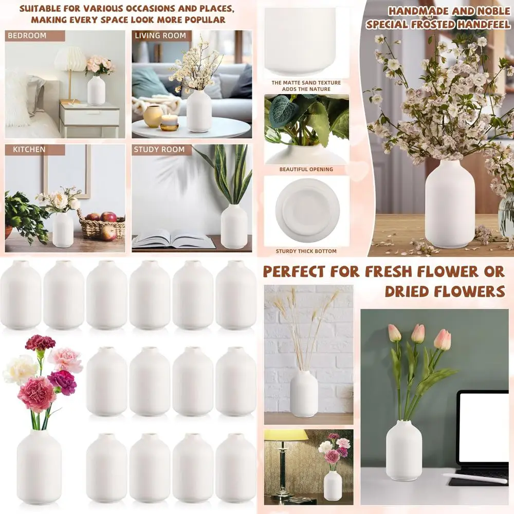 

5.5 x 3 White Ceramic Bud Vases for Boho Valentine's Day Centerpieces - Small Flower Vases for Dry Flowers, Pampas Grass, Home W