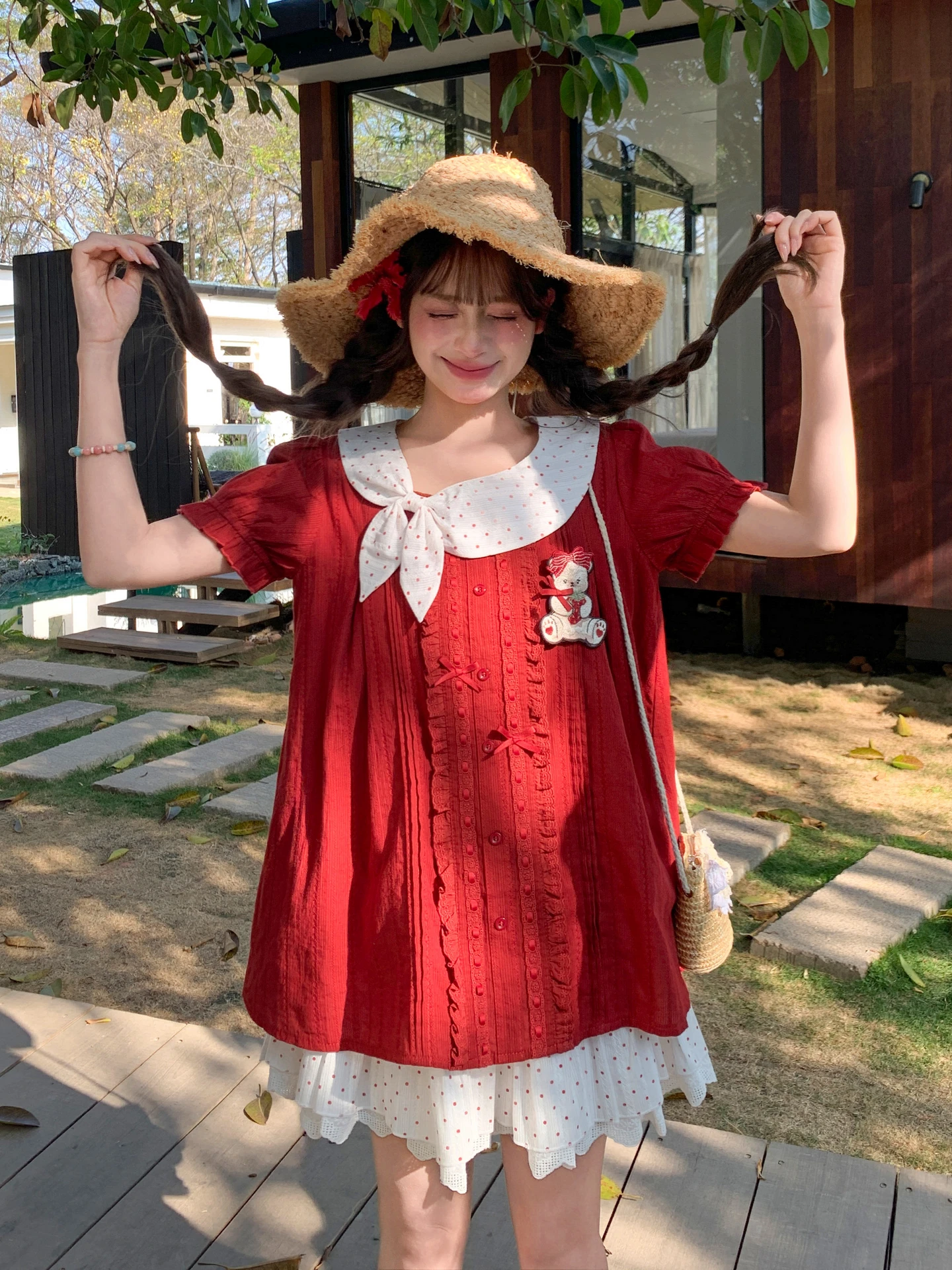 Cute Red Short Sleeve Doll Shirt Women's Loose Summer Top Sweet Style Bubble Sleeve Cotton Casual Fashion for Young Girls