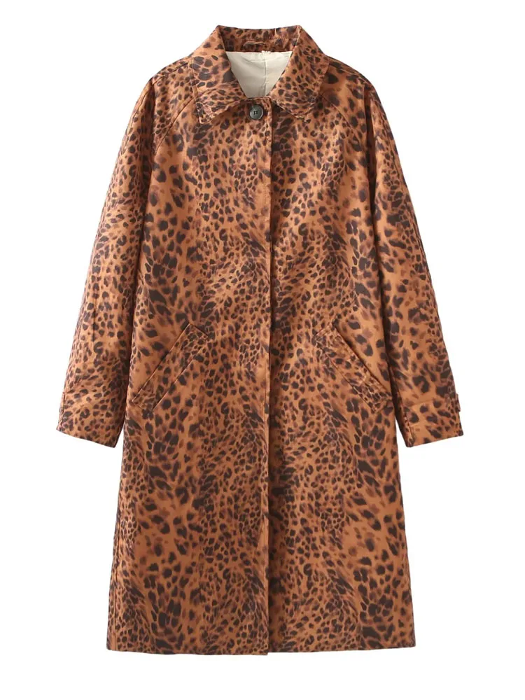 

KAOPU ZA Women front pockets animal print trench coat vintage lapel-neck long sleeve button-up female outerwear chic tops