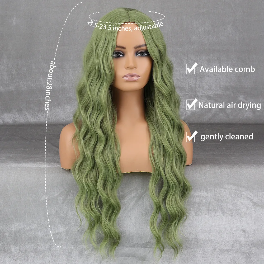 Green Long Wavy Synthetic Wig with Middle Part, Natural Scalp, Breathable Rose Net for Daily Wear, Cosplay, and Party Looks