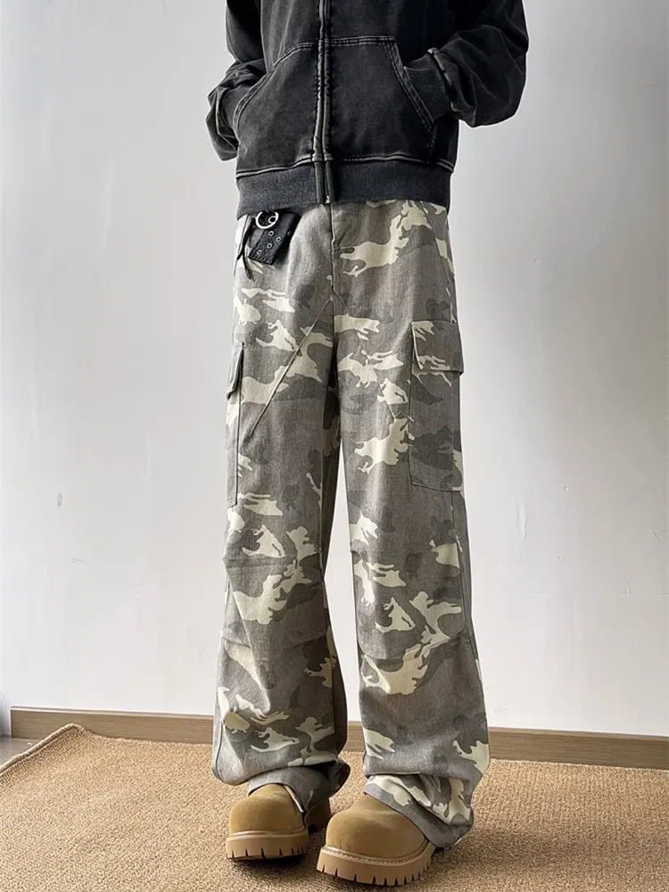 Calças largas camufladas para homens, calças longas casuais, roupas largas retas, bolsos múltiplos, moda Y2K, lavadas, nova, 2024