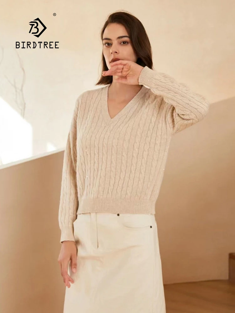 Birdtree, 100% Wool Sweater, Women's V-neck Retro Pullover Sweater, Versatile Knit Sweater, 2024 Autumn/winter New Top T48013KS