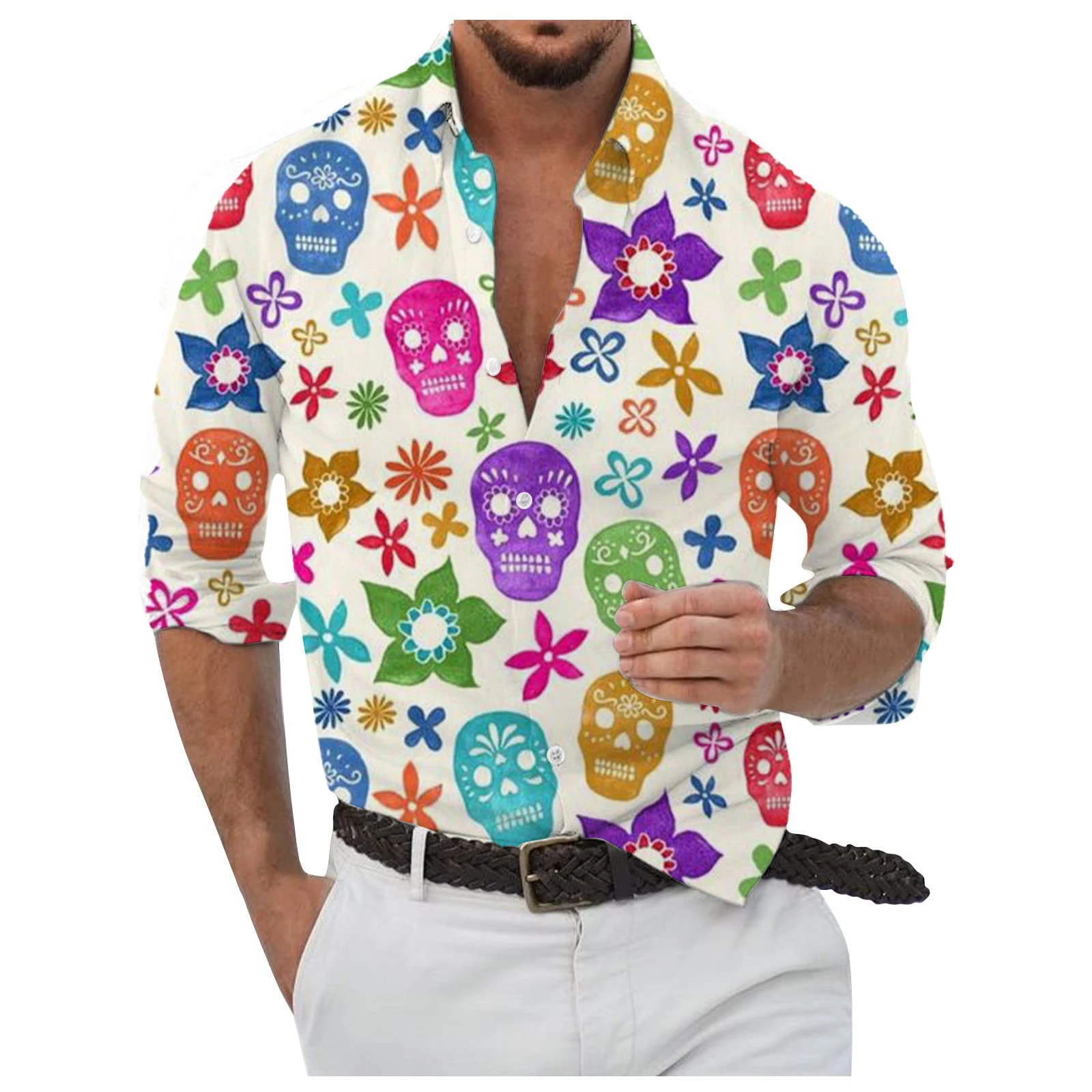 Mexico Sugar skull graphic Men's Long Sleeved Shirt Breathable Tops halloween Themed Pattern Full Sleeve Shirts Turn-Down Collar