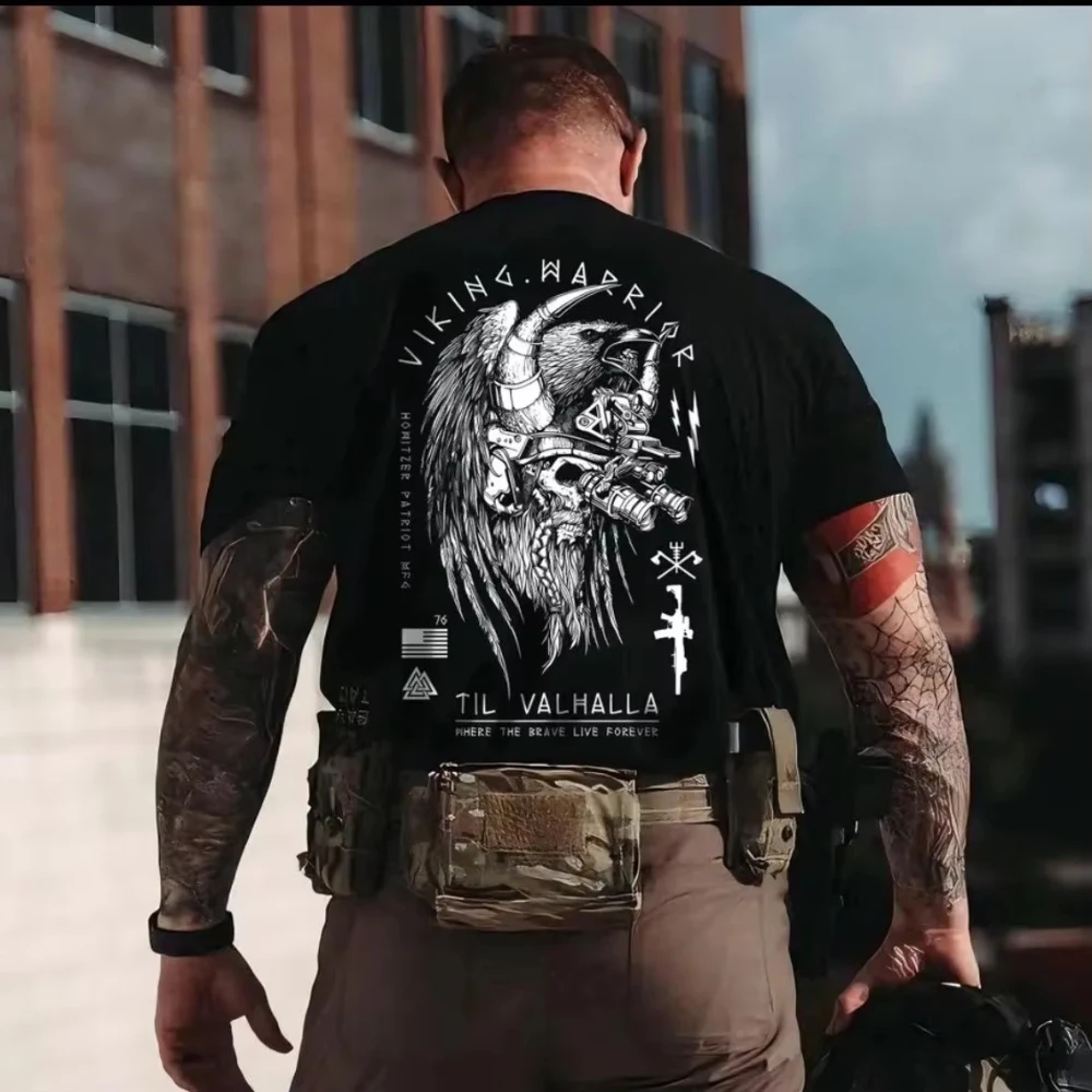 American tough-guy style Nordic mythology printed T-shirt for men summer tactical military-style men's clothing Y2K style 2026