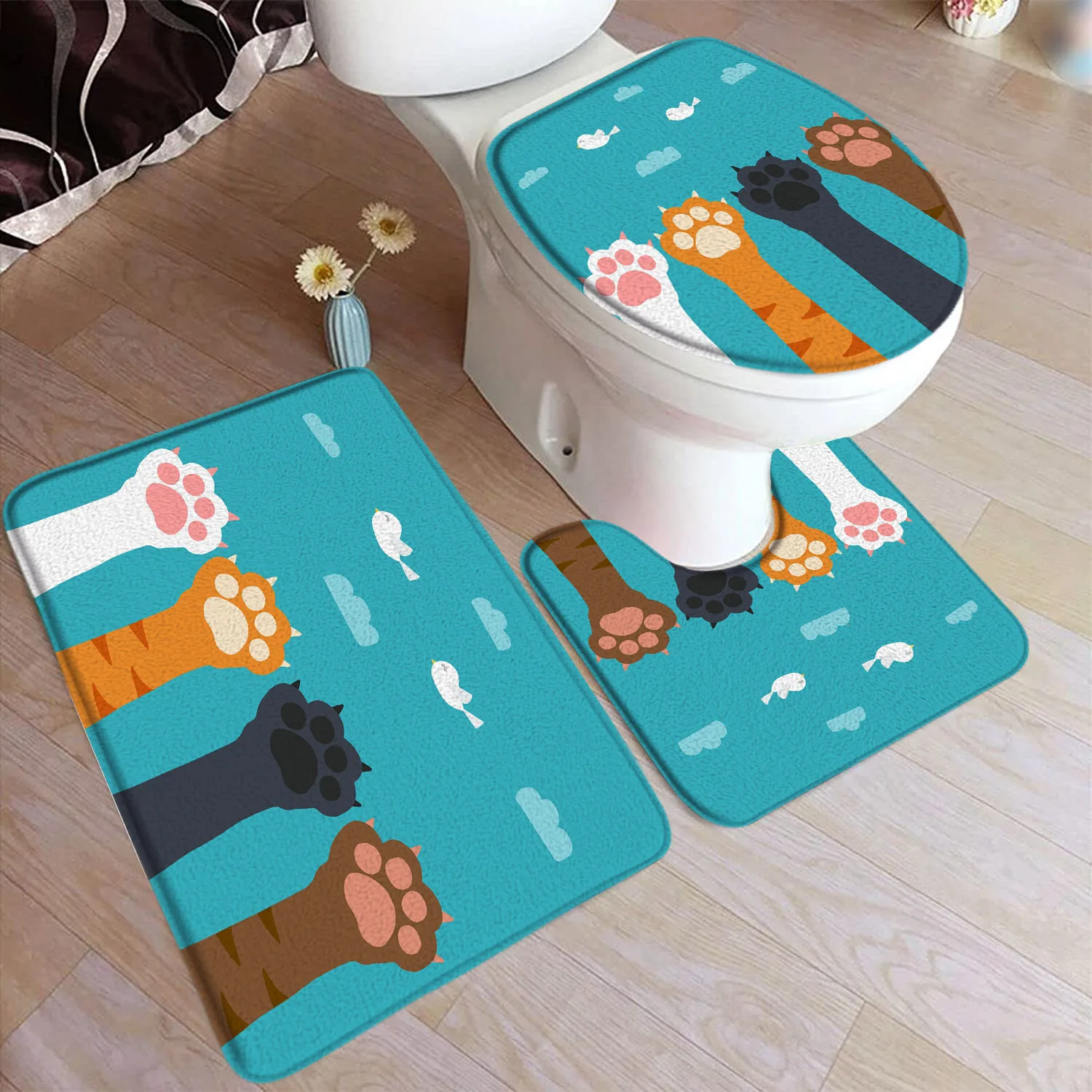 Cute Cartoon Cat Paw Bath Mat Set White Bird Funny Animals Kids Home Doormat Carpet Child Bathroom Decor Floor Rugs Toilet Cover