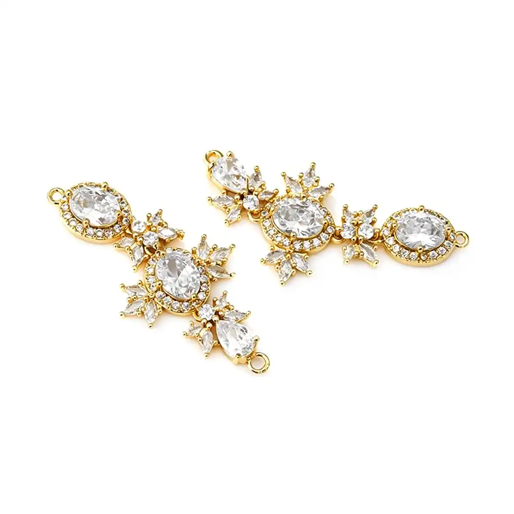 1 Piece 18K Gold Color Brass and Zircon 2 Holes Oval Shape Connect Charms Pendants High Quality Diy Necklace Making Accessories