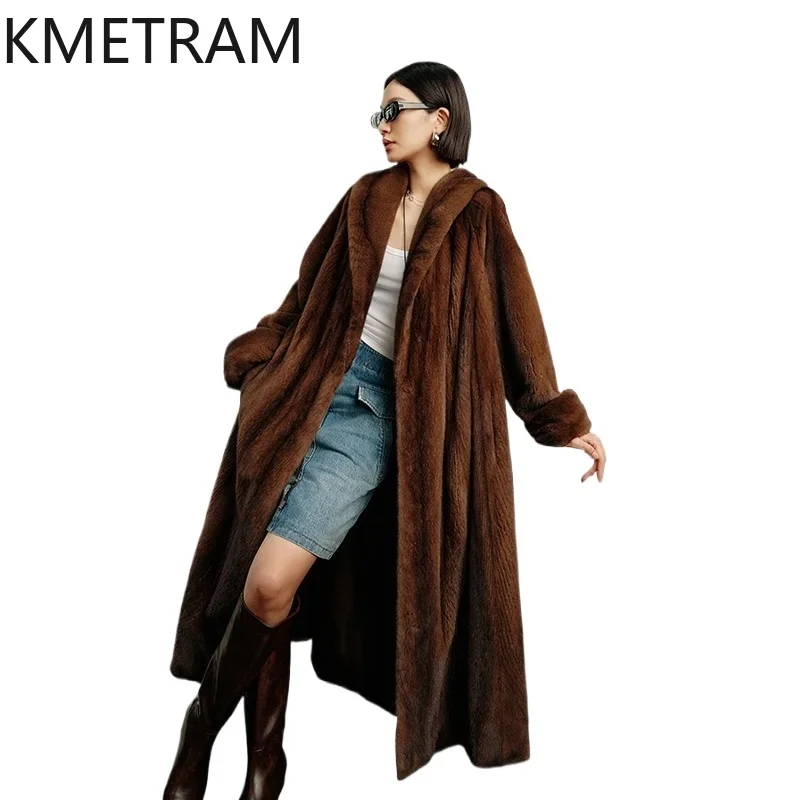 Natural Mink Fur Coat Women Vintage Long Fur Jacket 2024 Winter Luxury Clothes Old Money Style Outerwears Fourrures Femmes