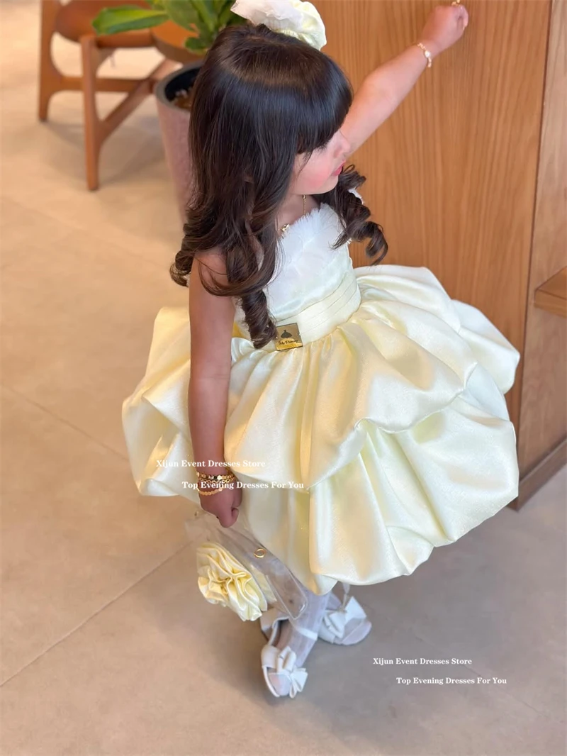 Sevintage Princess Yellow Flower Girl Dresses Tiered Satin Sleeveless Birthday Party Dresses For Sevintage Princess Yellow Flower Girl Dresses Tiered Satin Sleeveless Birthday Party Dresses For