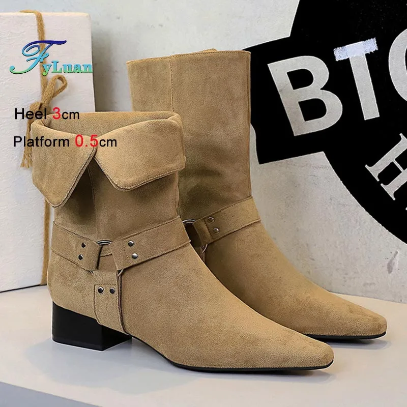 

Fashion Short Boots 3cm Coarse Heel Women Single Shoes Suede Casual Ankle Boots Square Head Leather Buckle Lady Mid-calf Boots
