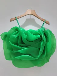 Women's Tank Tops Pleated Flowers Slim Colorful Off Waist Chiffon Pink Stretch Camis Tops 2024 Summer New Fashion 29L7224