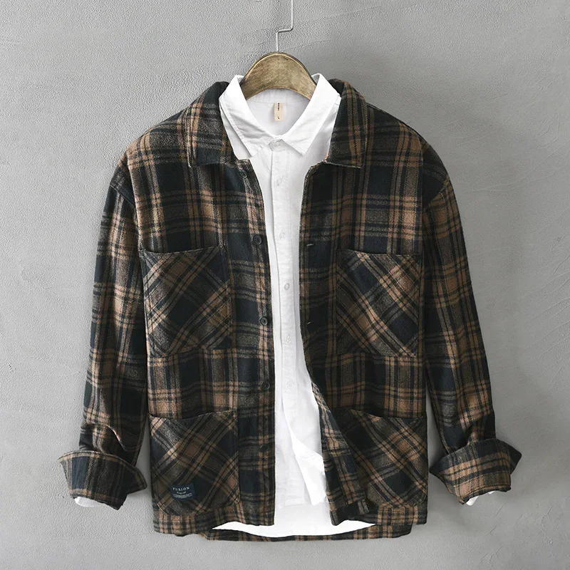 2023 Mens Plaid Shirts Design Clothes Male Cargo Work Shirts New 100% Cotton Military Shirt Men Jacket With Multi-pocket