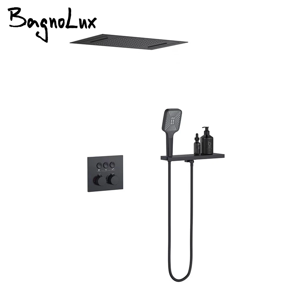 Embedded box Thermostatic Shower Faucet Gunmetal Ceiling Shower Head & Shelf Wall Mounted Mixer er Tap Hot And cold Bathroom Tap