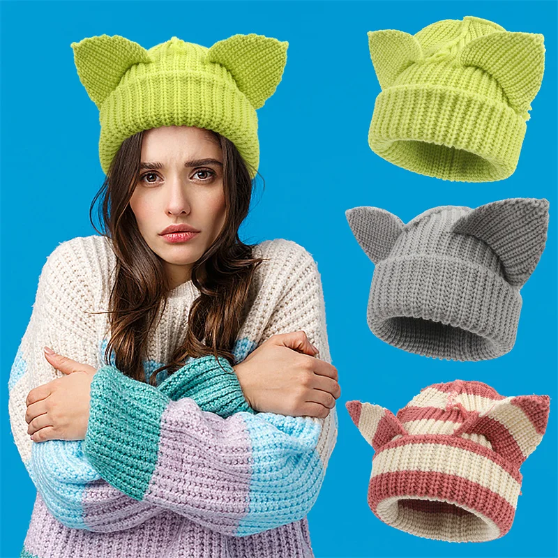 Women Cute Little Devil Cat Ear Striped Warm Hat Harajuku Elf Ears Knitted Beanies Cap Girls Winter Hooded Caps