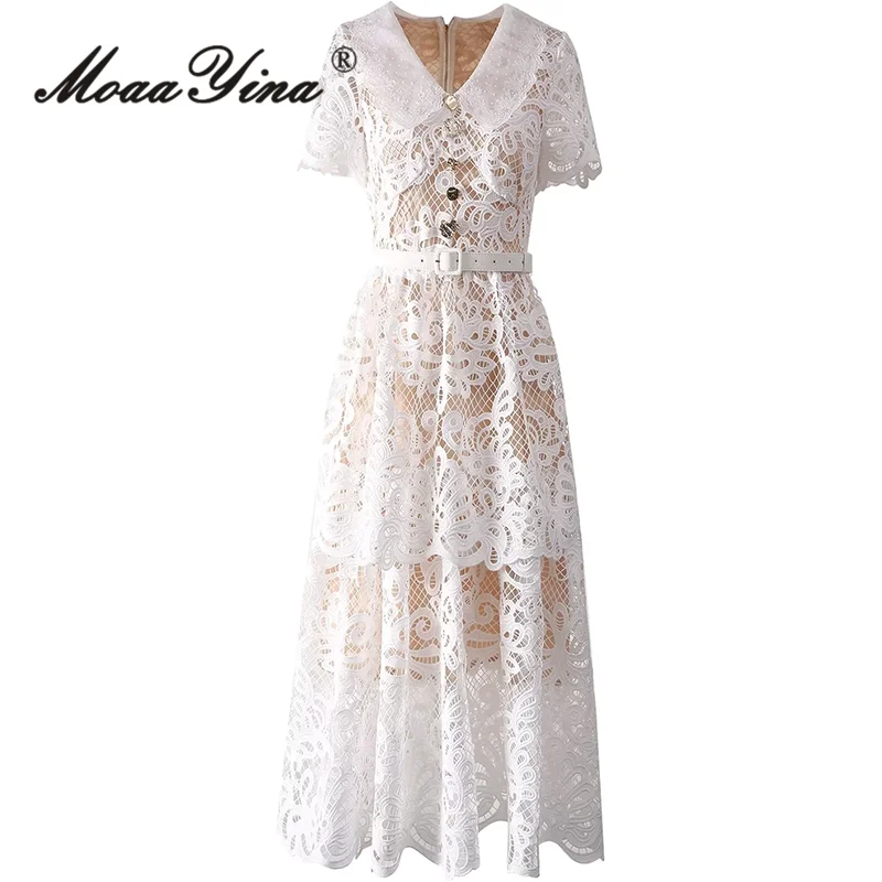 

MoaaYina 2024 Summer High Quality Women Dress Vintage Solid Color Hollow Out Embroidery Nail Bead Sashes Lace Dresses