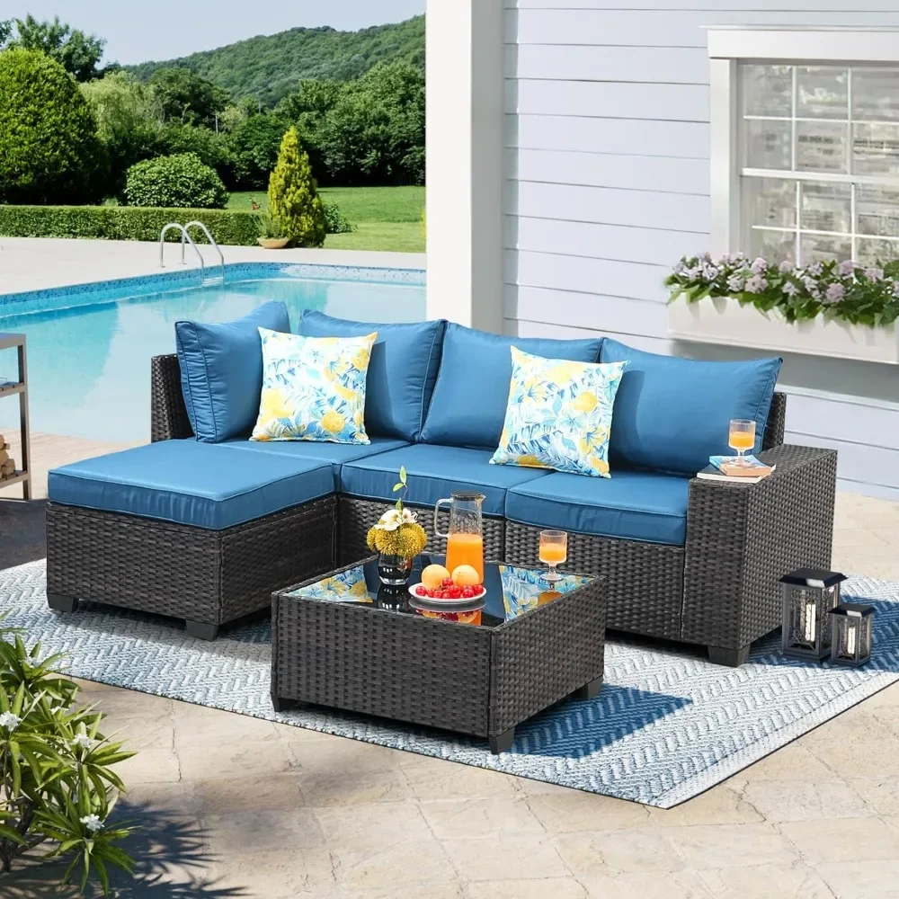 

Patio Furniture Set 5 Pieces All Weather Patio Conversation Sets Wicker PE Rattan Outdoor Sectional Couch Sofa Set with Cushion