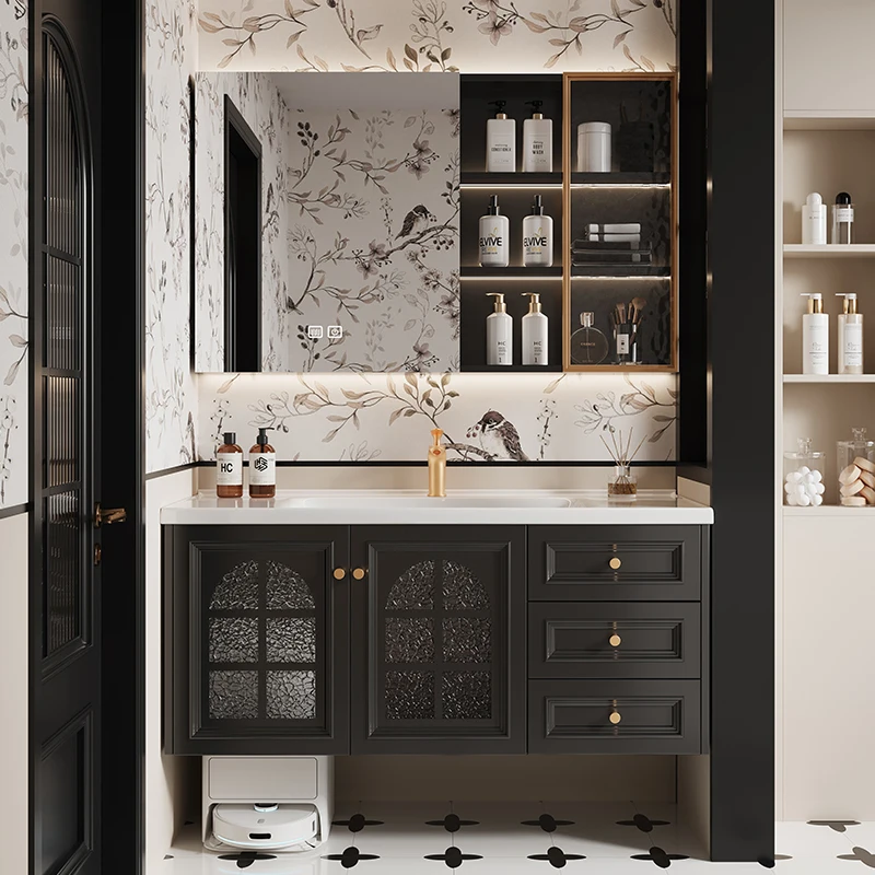 

French Retro Rubber Wood Bathroom Cabinet Combination Ceramic Integrated Washbasin Washbasin Bathroom Cabinet Set