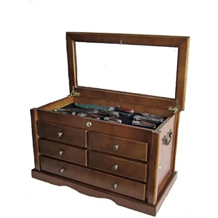 Solid Wood Display Case Cabinet Tool Storage Cabinet with Glass Top Cover Lockable Walnut Finish