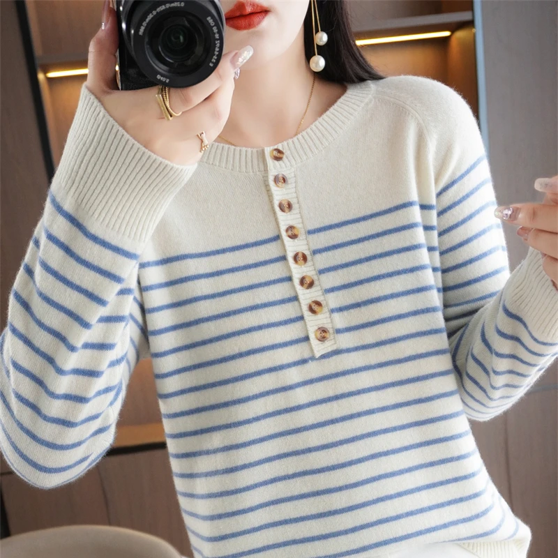 Women O-Neck Striped Cashmere Sweater Autumn and Winter Retro Women Knitted Pullover