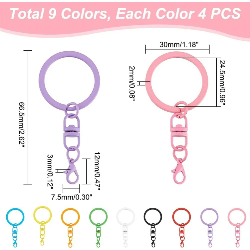 36pcs 9 Colors Keychain Rings with Chain Lobster Claw Clasps 30mm Colored Key Chain Rings Metal Split Key Ring Key Holders