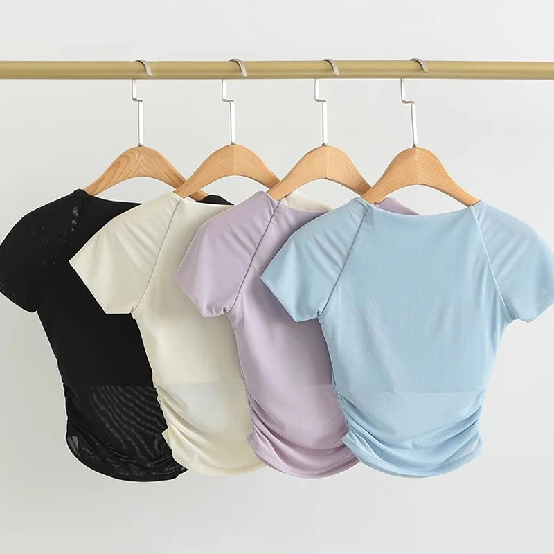 Women's Padded Yoga Shirts Short Sleeve Sports Crop Top Fitness Workout T-Shirt Sexy Cropped Running Tights Gym Clothing