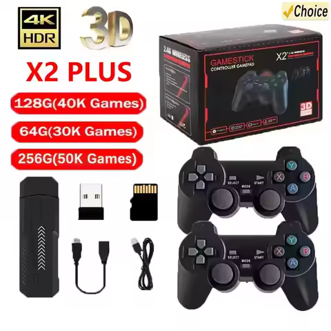X2 Plus 4K HD Game Stick 2 4G Retro Video Game Console Wireless Controller TV 50 Emulator PS1 N64 DC 256G Games
